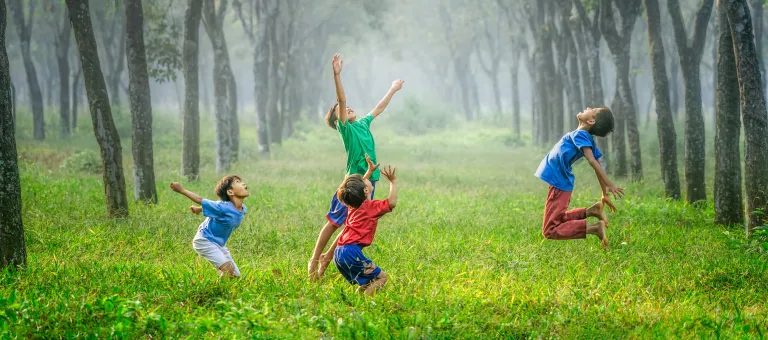 Four boy playing ball on green grass